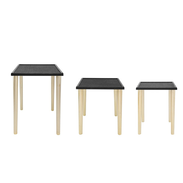 English Elm Set of 3 Rattan Nesting Tables with Gold Legs Bohemian Modern Living Room Accent W2078P175317