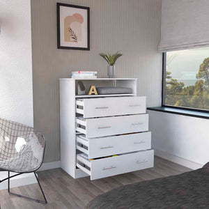 English Elm Peru Four Drawer Dresser with Superior Top and Open Shelf, Sturdy Particle Board, Modern Hardware White 47.2 L x 21.7 W x 4.7 H B070S00155