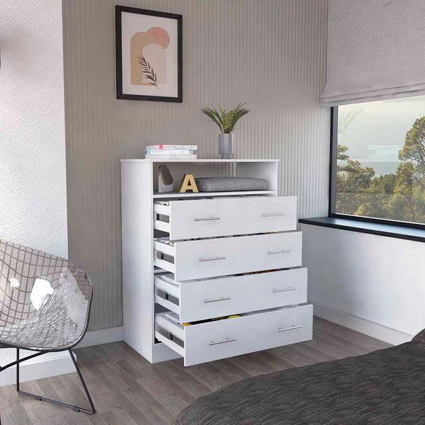English Elm Peru Four Drawer Dresser with Superior Top and Open Shelf, Sturdy Particle Board, Modern Hardware White 47.2 L x 21.7 W x 4.7 H B070S00155