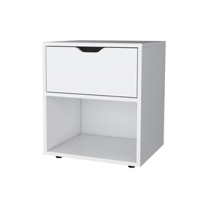 English Elm White Elegant Drawer Nightstand — Sleek White Bedside Table with Drawer & Open Shelf for Stylish Storage B062P175058