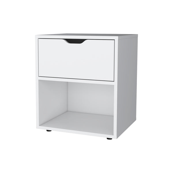 English Elm White Elegant Drawer Nightstand — Sleek White Bedside Table with Drawer & Open Shelf for Stylish Storage B062P175058
