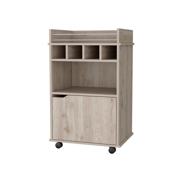 English Elm Macadamia 1-Door Bar Cart with Wheels, Engineered Wood Storage, 4 Bottle Holders & Shelf — Stylish Mobility and Organization B062P175049