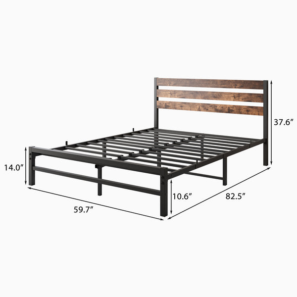 English Elm Queen Platform Bed Frame with Rustic Wood Headboard & Footboard, Metal Slats, Storage Space, No Box Spring Needed W84084264
