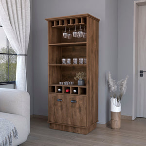 English Elm Claire Bar Cabinet with Glassware Rack and Five Bottle Racks, Dark Brown 3 Shelves, Durable Wood Storage B062S00371