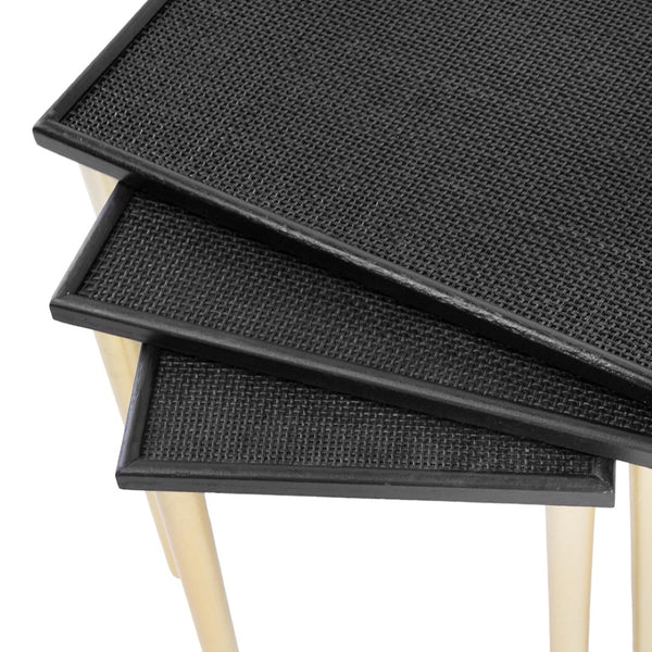 English Elm Set of 3 Rattan Nesting Tables with Gold Legs Bohemian Modern Living Room Accent W2078P175317