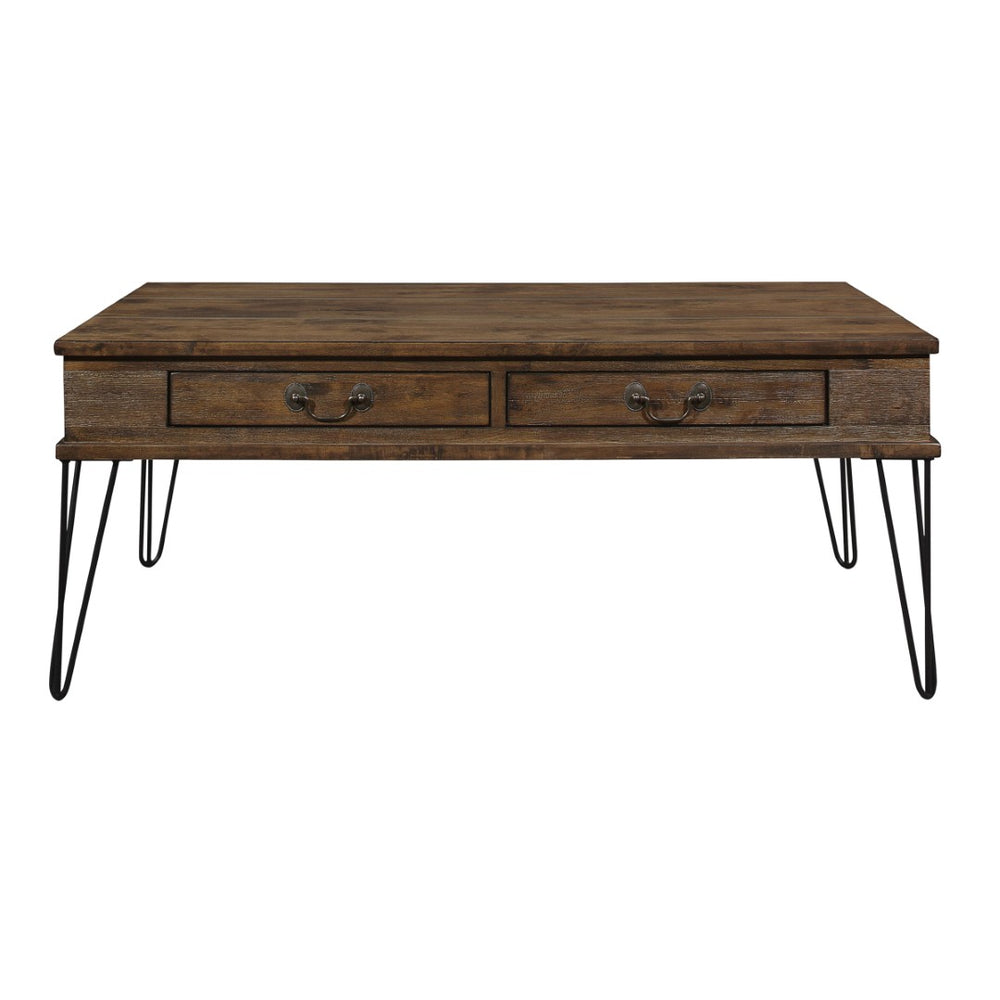 English Elm Rustic Oak Solid Wood Cocktail Table with Hairpin Legs and Two Storage Drawers B011P175332