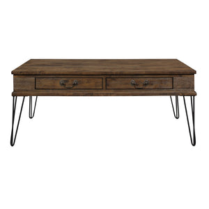 English Elm Rustic Oak Solid Wood Cocktail Table with Hairpin Legs and Two Storage Drawers B011P175332