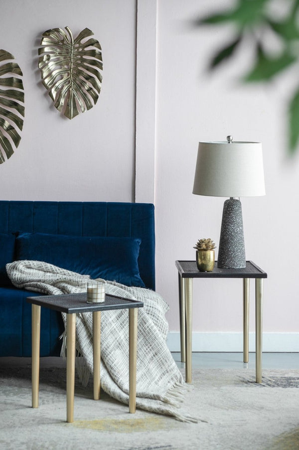 English Elm Set of 3 Rattan Nesting Tables with Gold Legs Bohemian Modern Living Room Accent W2078P175317