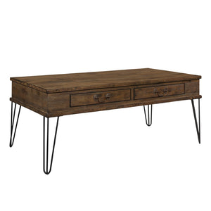 English Elm Rustic Oak Solid Wood Cocktail Table with Hairpin Legs and Two Storage Drawers B011P175332