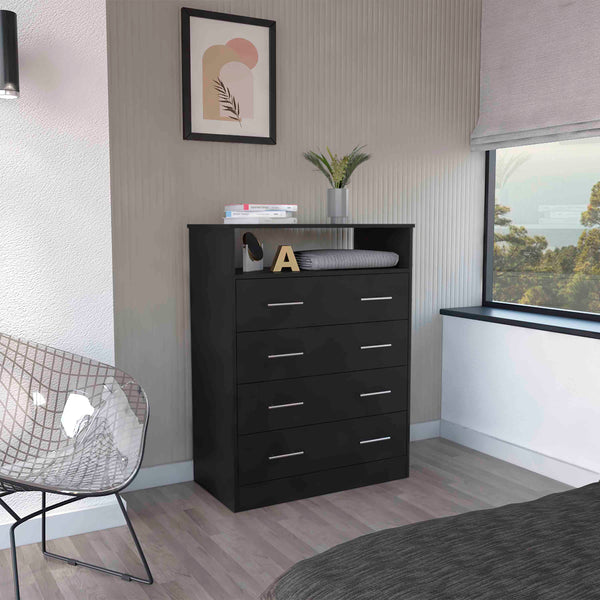 English Elm Peru Four Drawer Dresser with Superior Top and Open Shelf, Durable Particle Board, Metal Hardware Black 47.2 L x 21.7 W x 4.7 H B200S00154