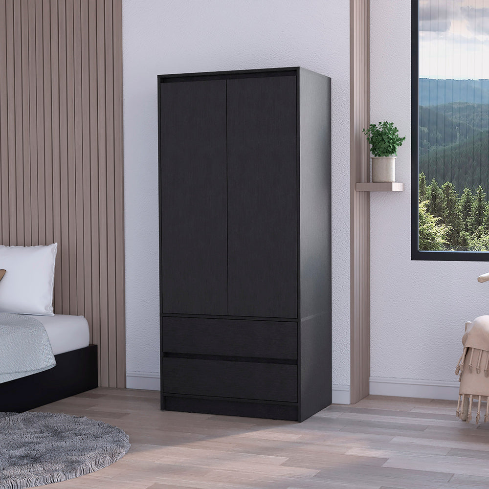 English Elm Wenge 2-Drawer Armoire with Hanging Rod and Spacious Drawers — Space-Saving Elegant Bedroom Storage B062S00373