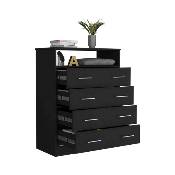 English Elm Peru Four Drawer Dresser with Superior Top and Open Shelf, Durable Particle Board, Metal Hardware Black 47.2 L x 21.7 W x 4.7 H B200S00154