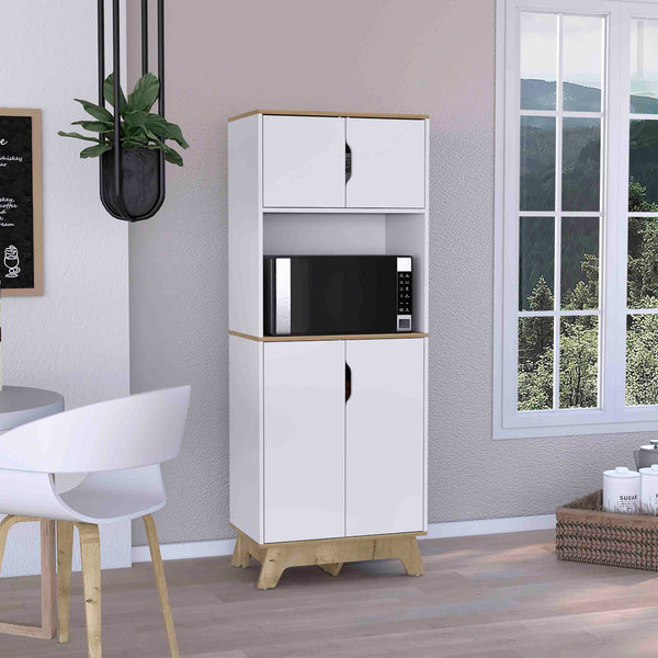 English Elm Pamplona Microwave Tall Cabinet with 30" Countertop, Double Door Storage, Light Oak & White Finish - Space-Saving Kitchen Organizer B070S00149