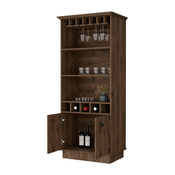 English Elm Claire Bar Cabinet with Glassware Rack and Five Bottle Racks, Dark Brown 3 Shelves, Durable Wood Storage B062S00371