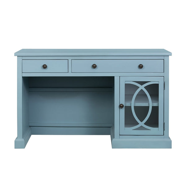 English Elm 50x26x31" Solid Acacia Writing Desk with Glass Cabinet Door Bold Painted Finish Blue W2078P175450