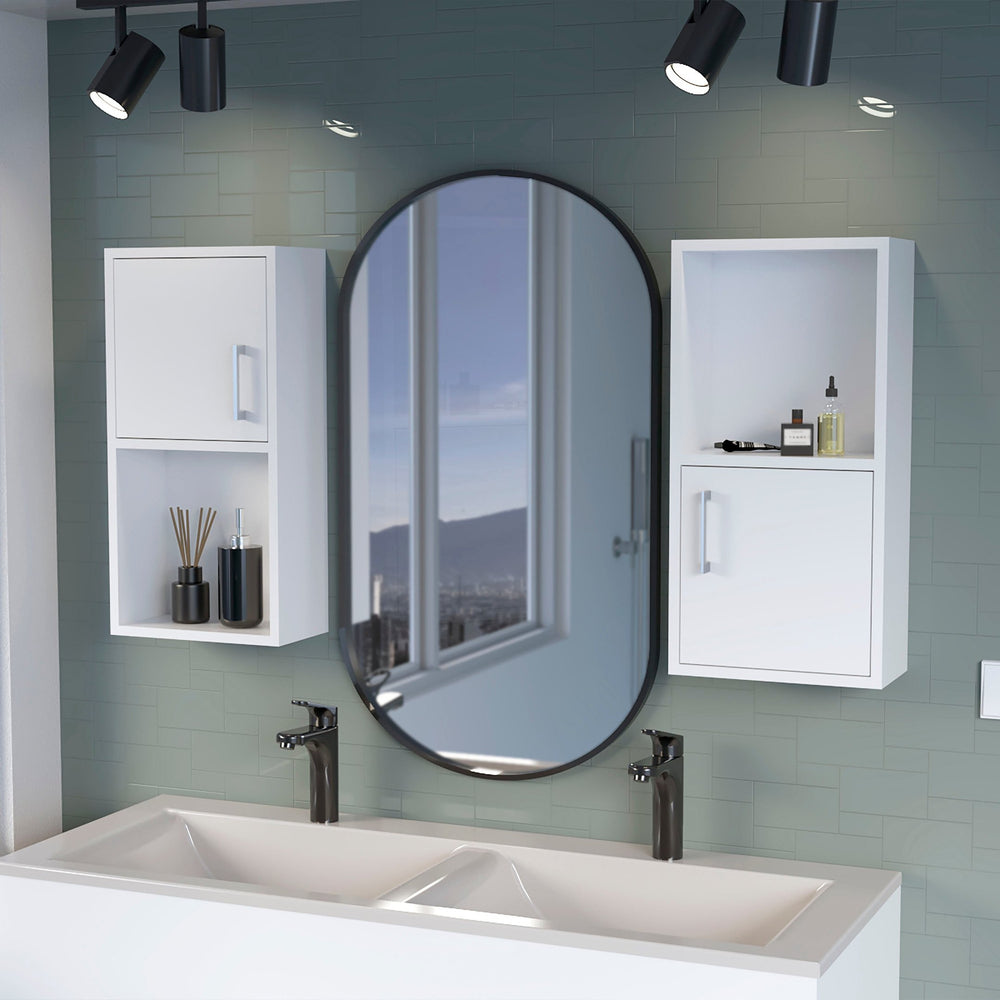 English Elm White 2 Bathroom Medicine Cabinets with Open Shelf, Manufactured Wood, Sleek Handles, Chic Storage Solution B062P175072