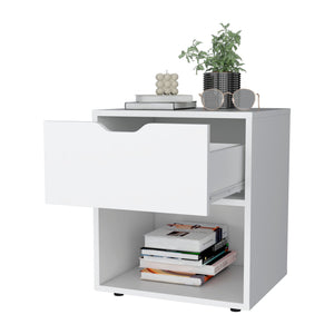 English Elm White Elegant Drawer Nightstand — Sleek White Bedside Table with Drawer & Open Shelf for Stylish Storage B062P175058
