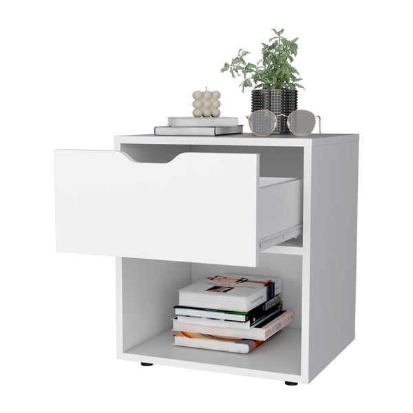 English Elm White Elegant Drawer Nightstand — Sleek White Bedside Table with Drawer & Open Shelf for Stylish Storage B062P175058