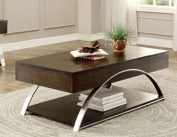 English Elm Modern Lift Top Coffee Table Oak Veneer Espresso Finish Chrome Base Hidden Storage B011P175369