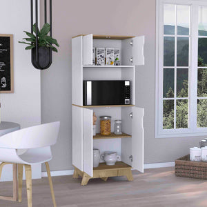 English Elm Pamplona Microwave Tall Cabinet with 30" Countertop, Double Door Storage, Light Oak & White Finish - Space-Saving Kitchen Organizer B070S00149
