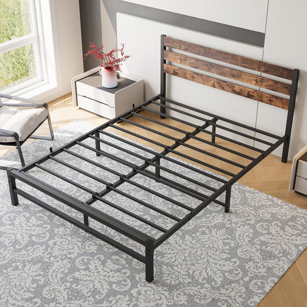English Elm Queen Platform Bed Frame with Rustic Wood Headboard & Footboard, Metal Slats, Storage Space, No Box Spring Needed W84084264