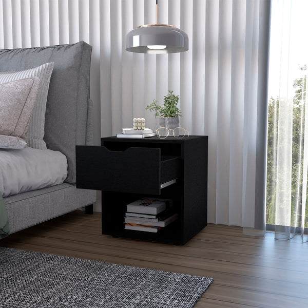 English Elm Wenge Nightstand with Drawer and Open Shelf — Sleek Manufactured Wood Bedside Table for Stylish Organization and Durable Elegance B062P175060