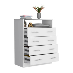 English Elm Peru Four Drawer Dresser with Superior Top and Open Shelf, Sturdy Particle Board, Modern Hardware White 47.2 L x 21.7 W x 4.7 H B070S00155