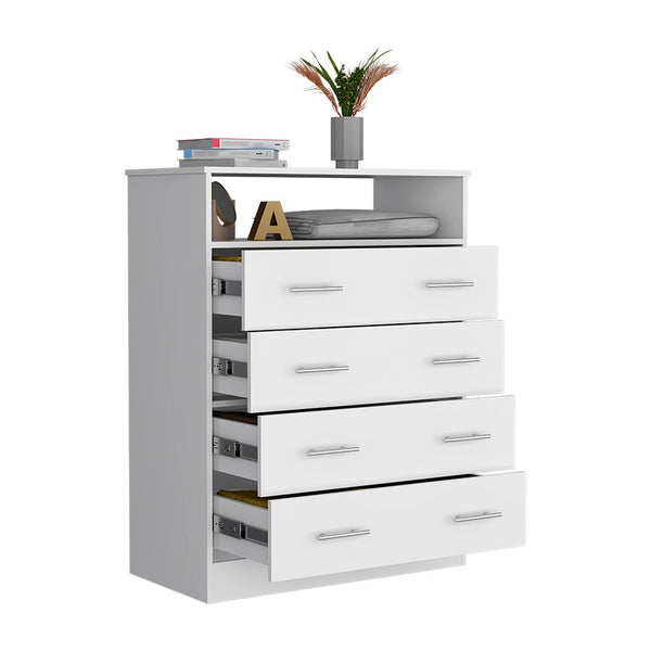 English Elm Peru Four Drawer Dresser with Superior Top and Open Shelf, Sturdy Particle Board, Modern Hardware White 47.2 L x 21.7 W x 4.7 H B070S00155