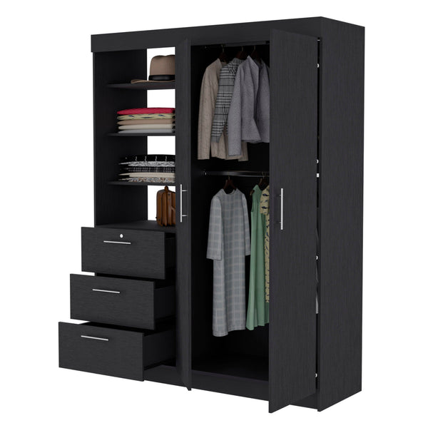 English Elm Wenge Armoire with 2 Doors, 2 Hanging Rods & 3 Drawers — Elegant Manufactured Wood Closet Solution B062S00551