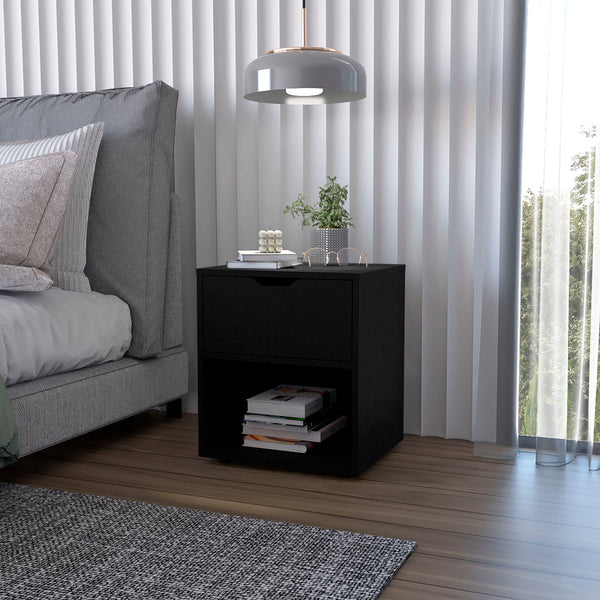 English Elm Wenge Nightstand with Drawer and Open Shelf — Sleek Manufactured Wood Bedside Table for Stylish Organization and Durable Elegance B062P175060