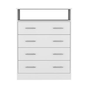 English Elm Peru Four Drawer Dresser with Superior Top and Open Shelf, Sturdy Particle Board, Modern Hardware White 47.2 L x 21.7 W x 4.7 H B070S00155