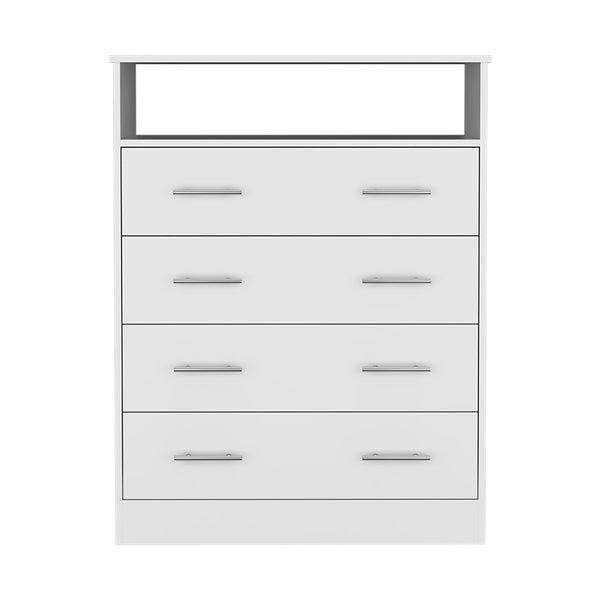 English Elm Peru Four Drawer Dresser with Superior Top and Open Shelf, Sturdy Particle Board, Modern Hardware White 47.2 L x 21.7 W x 4.7 H B070S00155