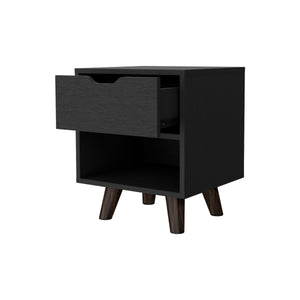 English Elm Wenge Modern 1-Drawer Nightstand with Open Shelf & Wood Legs — Compact, Stylish Bedroom Storage B062P175114