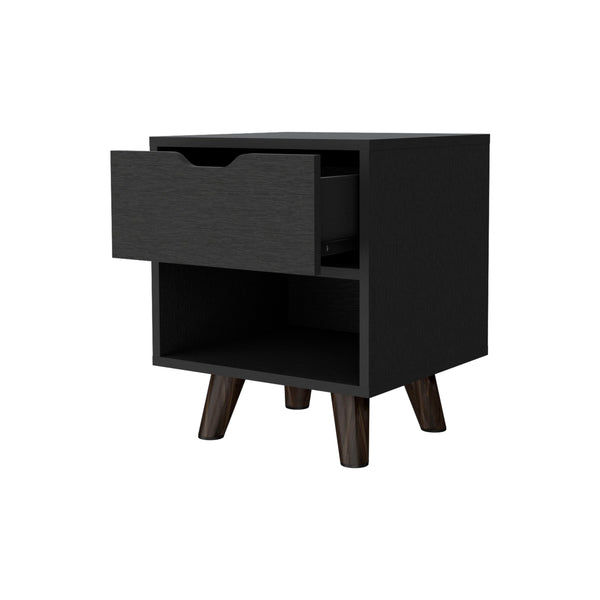 English Elm Wenge Modern 1-Drawer Nightstand with Open Shelf & Wood Legs — Compact, Stylish Bedroom Storage B062P175114