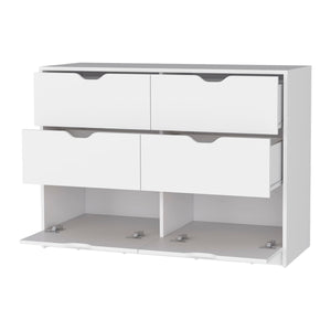 English Elm White 4-Drawer Dresser with Cabinets and Display Top — Sleek White Storage Solution for Elegant Bedrooms B062P175093