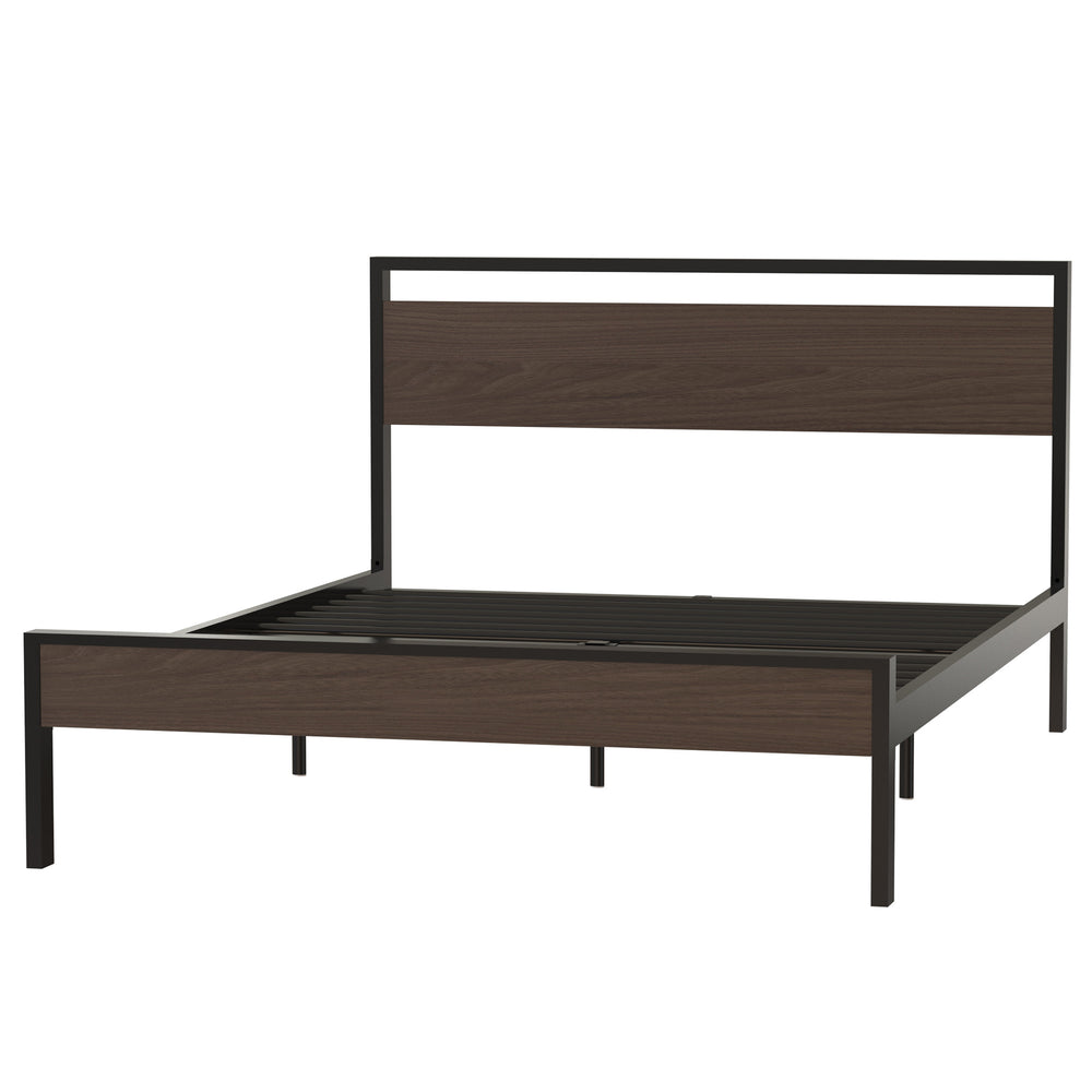 English Elm Ceres Metal Bed Frame Queen in Black with Walnut Headboard & Footboard — 1000lb Sturdy, Storage B083124174