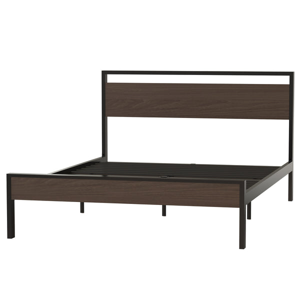 English Elm Ceres Metal Bed Frame Queen in Black with Walnut Headboard & Footboard — 1000lb Sturdy, Storage B083124174
