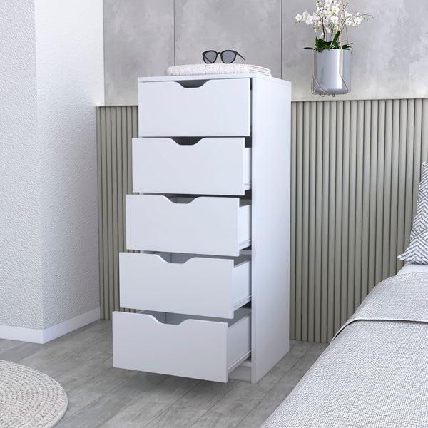 English Elm Logan White 5-Drawer Narrow Dresser with Pull-Out Smooth Glide Drawers, Compact 42.4" Storage Solution B062P175095