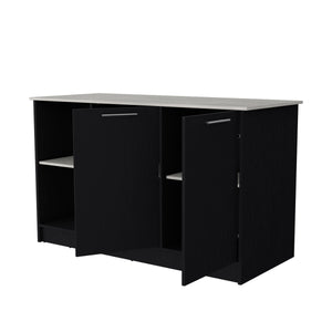 English Elm Wenge Kitchen Island with Wenge & Onyx Finish, Double Door Cabinets, Open Shelves, Spacious Prep Area B062S00388