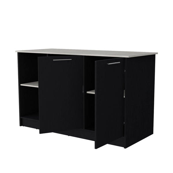 English Elm Wenge Kitchen Island with Wenge & Onyx Finish, Double Door Cabinets, Open Shelves, Spacious Prep Area B062S00388