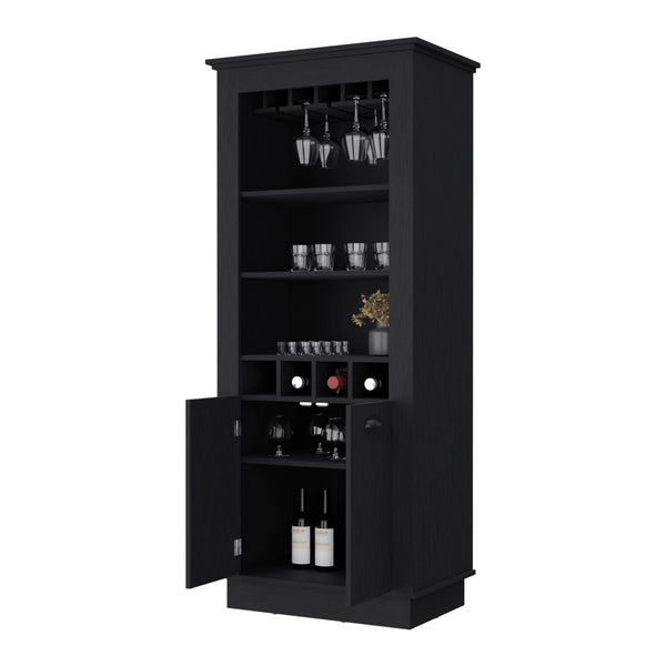 English Elm Wenge 4-Built In Wine Rack Bar Cabinet with 10-Glass Holder, 2 Open Shelves, Chic Entertaining Center (96) B062S00385