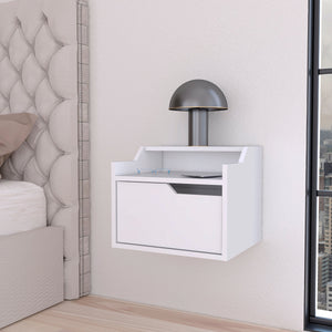 English Elm White Floating Nightstand with Drawer and Dual Shelves — Wall-Mounted Modern White Display for Small Spaces B062P175143