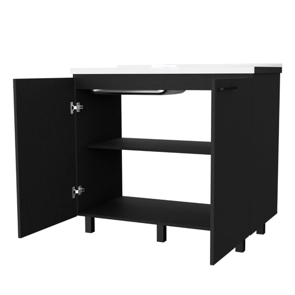 English Elm Wenge Finish Utility Sink Cabinet Set with Aluminum Countertop and Interior Shelving B062S00377