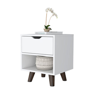 English Elm White Modern Nightstand with 1 Drawer and Open Shelf, Compact Wooden Legs, Chic Storage for Bedroom B062P175113