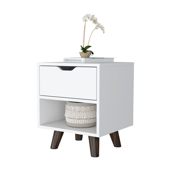 English Elm White Modern Nightstand with 1 Drawer and Open Shelf, Compact Wooden Legs, Chic Storage for Bedroom B062P175113