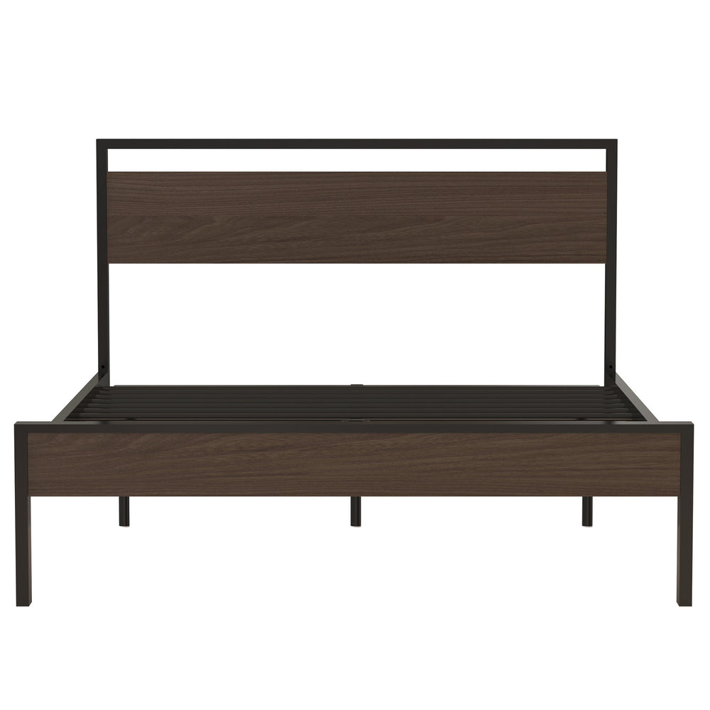 English Elm Ceres Metal Bed Frame Queen in Black with Walnut Headboard & Footboard — 1000lb Sturdy, Storage B083124174