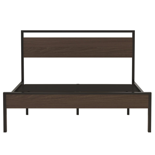 English Elm Ceres Metal Bed Frame Queen in Black with Walnut Headboard & Footboard — 1000lb Sturdy, Storage B083124174