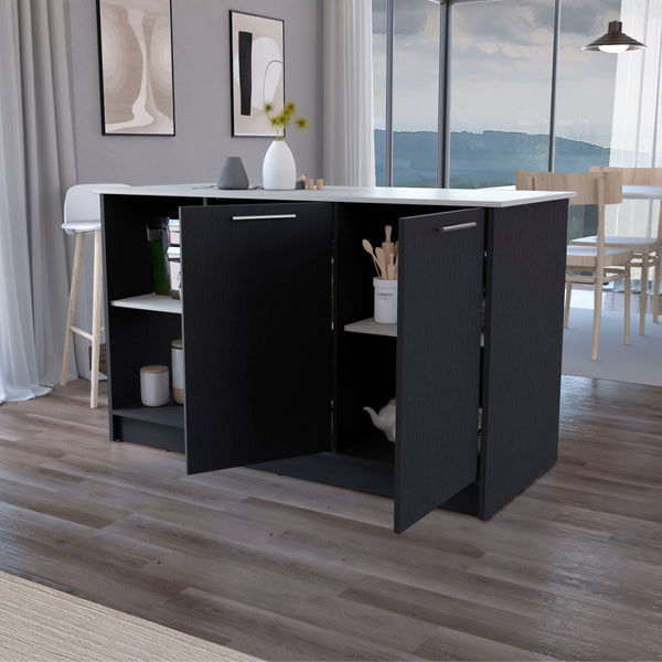 English Elm Wenge Kitchen Island with Wenge & Onyx Finish, Double Door Cabinets, Open Shelves, Spacious Prep Area B062S00388
