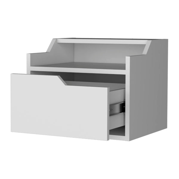 English Elm White Floating Nightstand with Drawer and Dual Shelves — Wall-Mounted Modern White Display for Small Spaces B062P175143