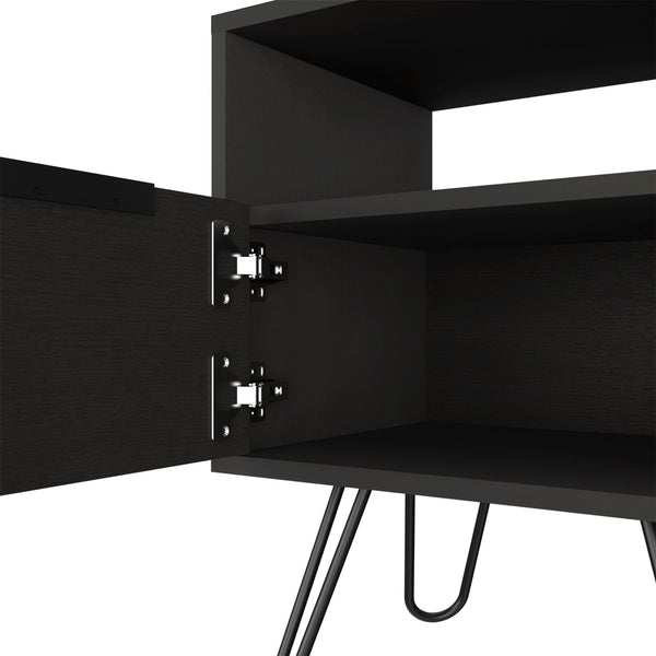 English Elm Nightstand Modern Black 22"H with Hairpin Legs, Open Shelf & Single Door Cabinet for Small Spaces B097132923